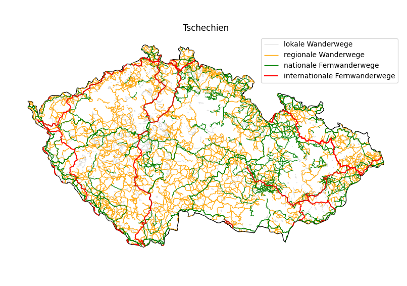 Wanderwege in Tschechien Übersicht Wanderwege in Tschechien ausgewertet aus den Daten der OSM Datenbank
