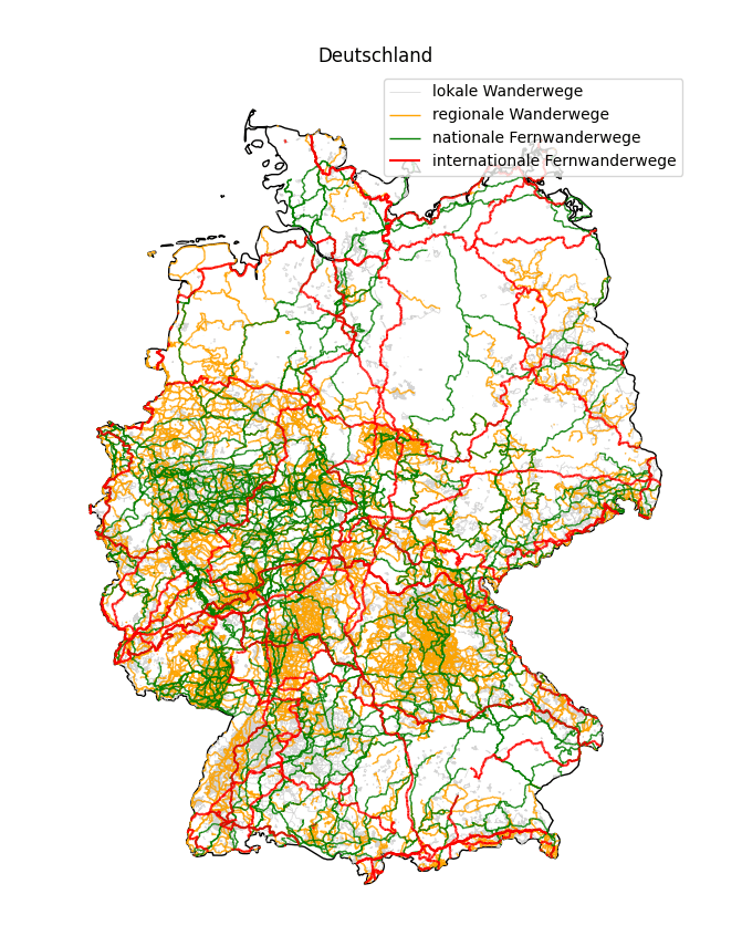 Wanderwege in Deutschland Wandern in Deutschland: Übersicht Wanderwege in Deutschland ausgewertet aus den Daten der OSM Datenbank