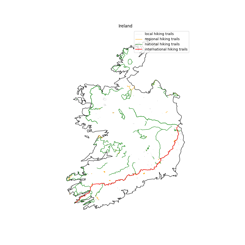 hiking trails in Ireland Analysis of the hiking trails in Ireland entered in the OSM database.