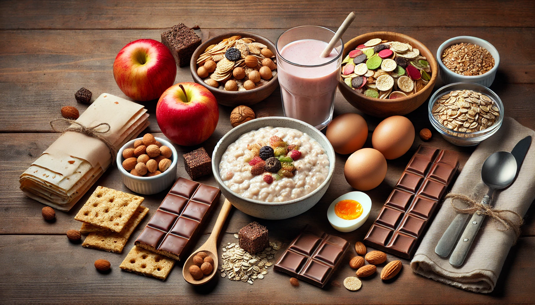 Proviant - Frühstücksideen Frühstücksideen für Wanderer: Porridge, Fruchtsmoothies, Eier, Nüsse, Äpfel, etc.